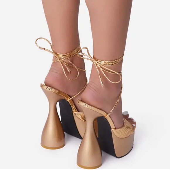 Lace Up Peep Toe Platform Statement Heel In Gold Snake Print Faux Leather - SZ 8 - Picture 4 of 4